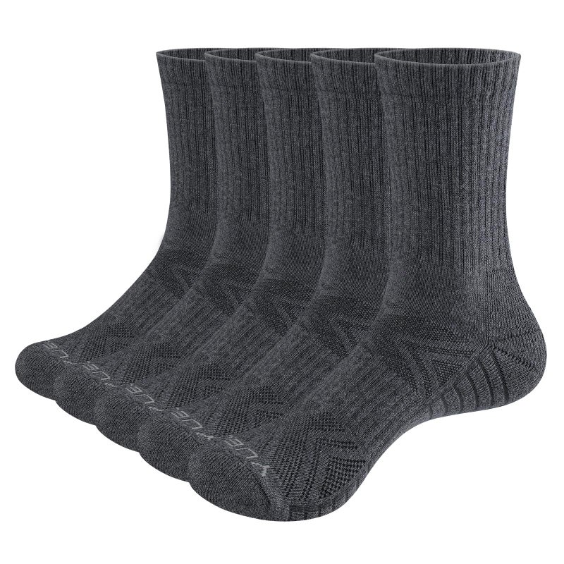 YUEDGE Mens Grey Gym Tennis Training Athletic Socks Cotton Cushioned Crew Socks Moisture Wicking Mens Socks Padded Anti Blister Anti-Odor Work Sock for Men Size 9-11, 5 Pairs - Image 1